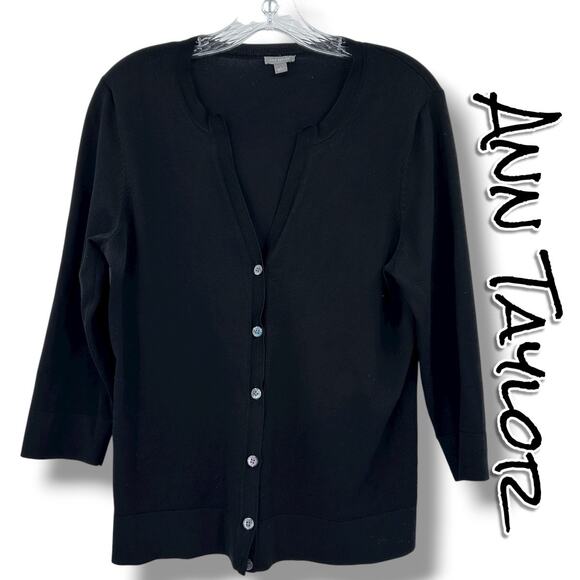 Ann Taylor Silk Blend Cardigan Sweater Black Classic Staples Womens Size Large - Picture 1 of 11